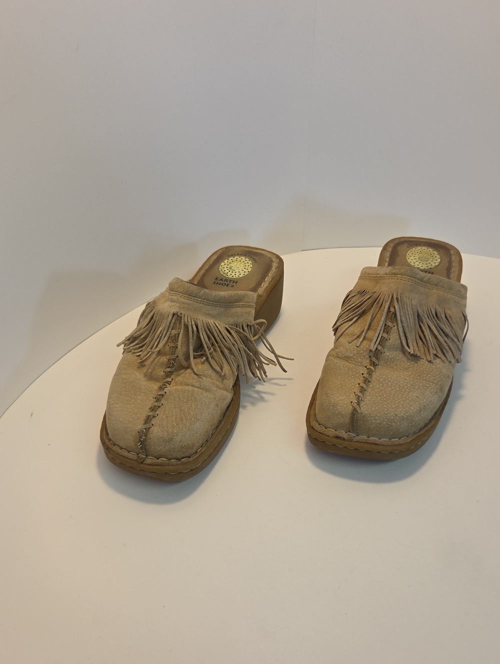 Earth Shoe Fringe Leather Wedge Mules Women’s 8.5 Tan Boho Western Clogs #0362